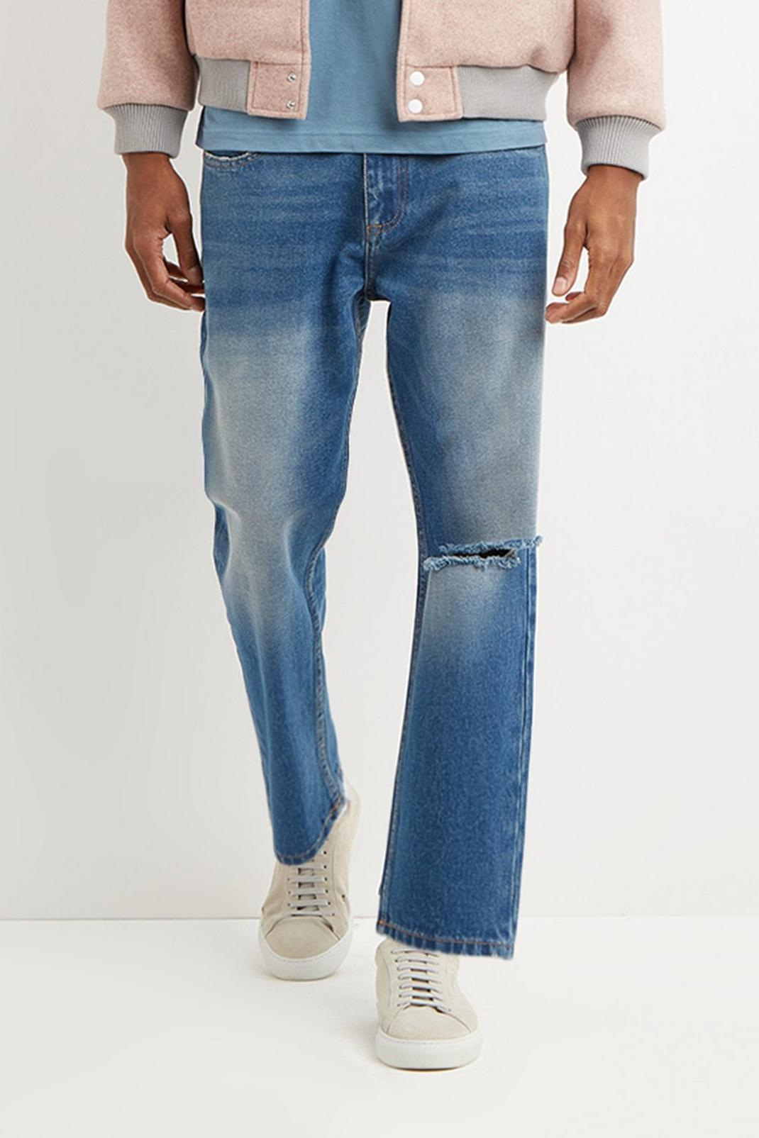 Straight Crop Mid Blue Rip Jeans image number 1