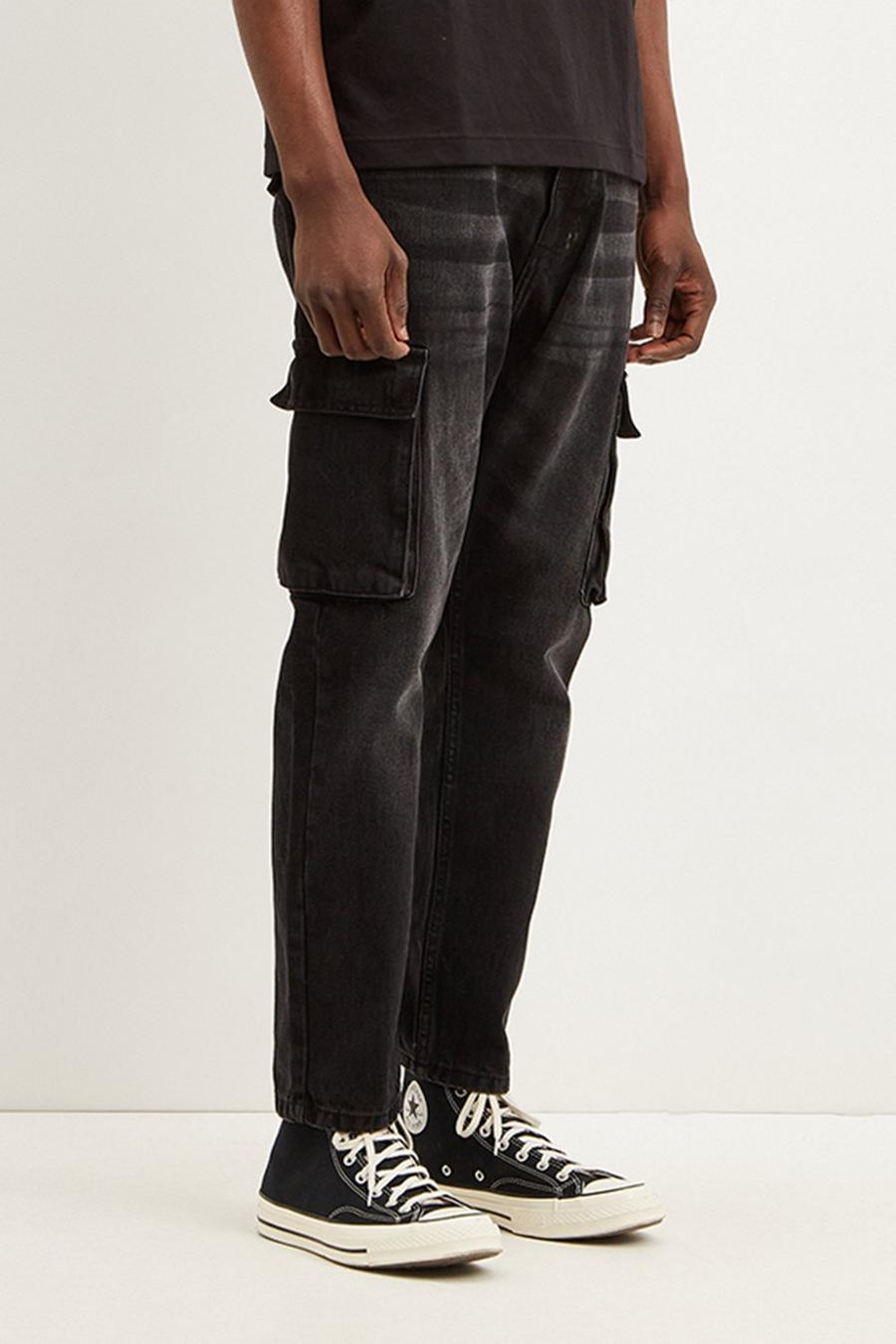 Loose Tapered Washed Grey Cargo Jeans