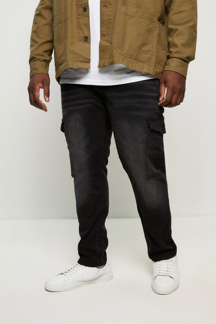 Plus And Tall Slim Washed Black Cargo Jeans