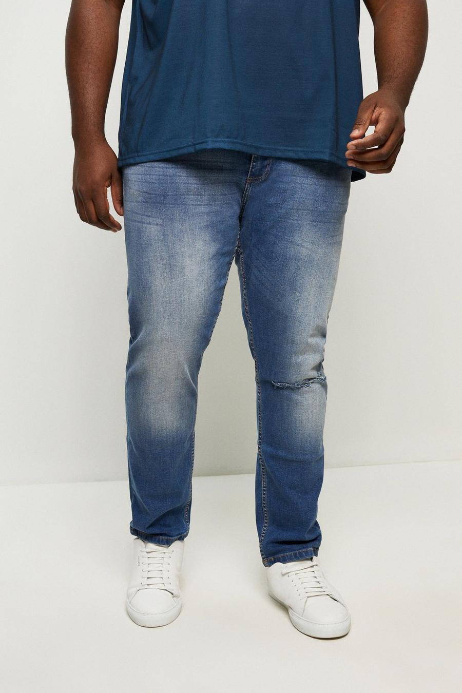 Plus And Tall Slim Mid Blue Rip Jeans