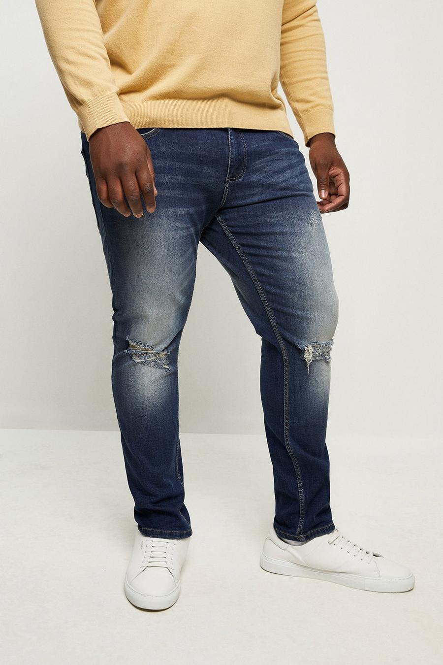 Plus And Tall Skinny Mid Blue Rip Jeans