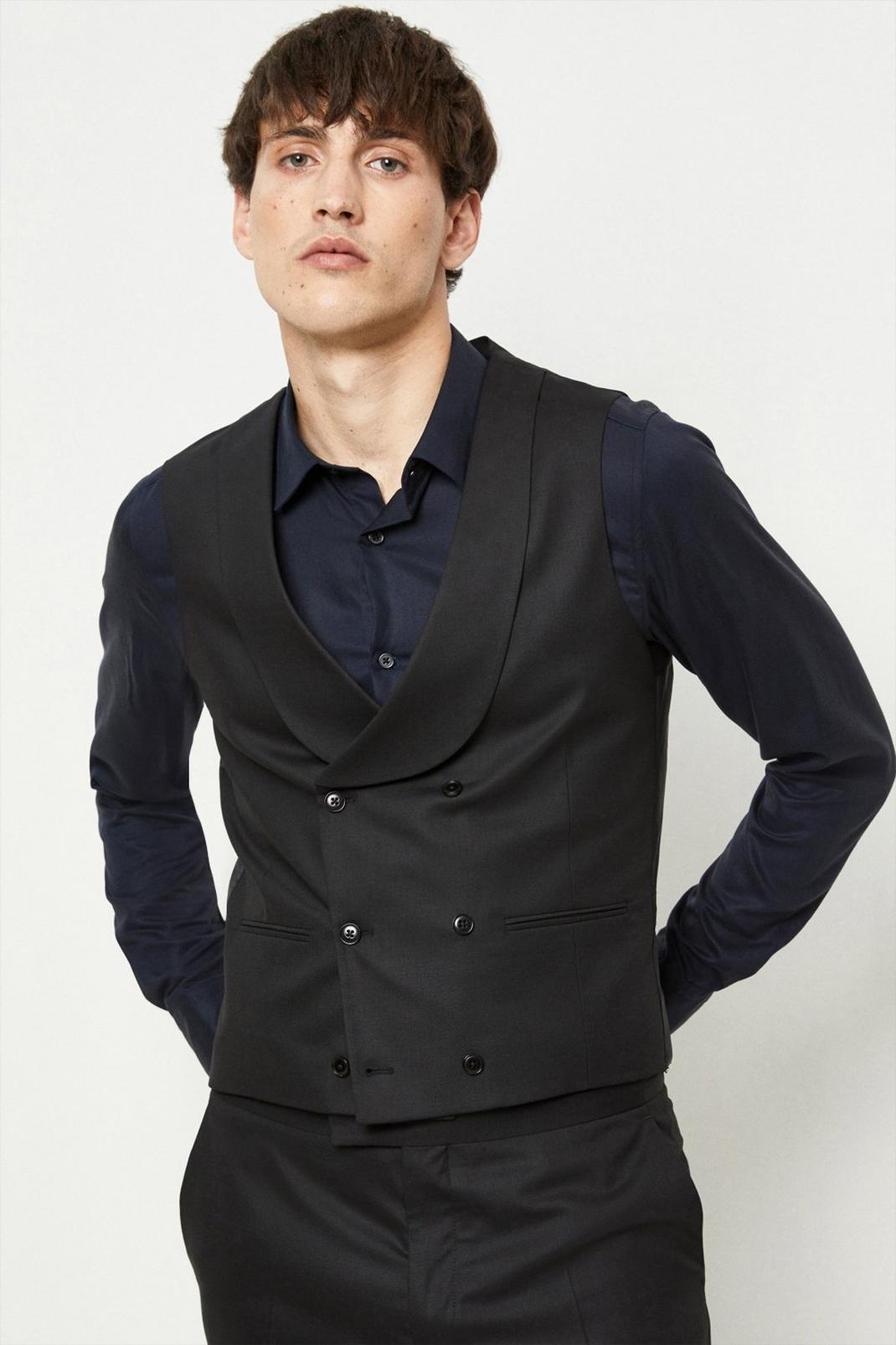 1904 Slim Fit Black Double Breasted Suit Waistcoat image number 1