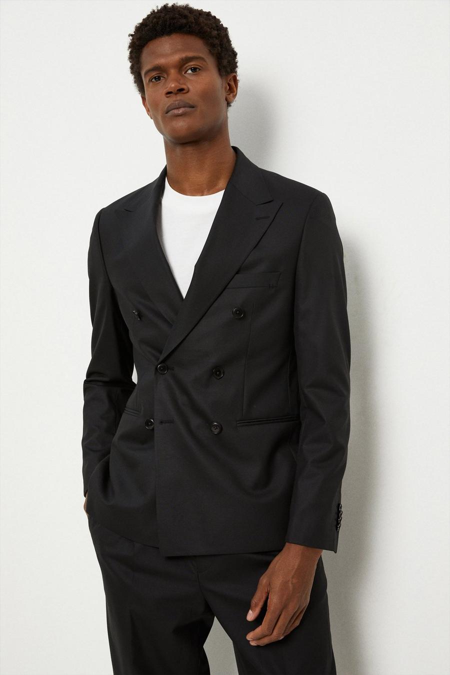 Slim Fit Black Double Breasted Peak Lapel Two-Piece Suit 