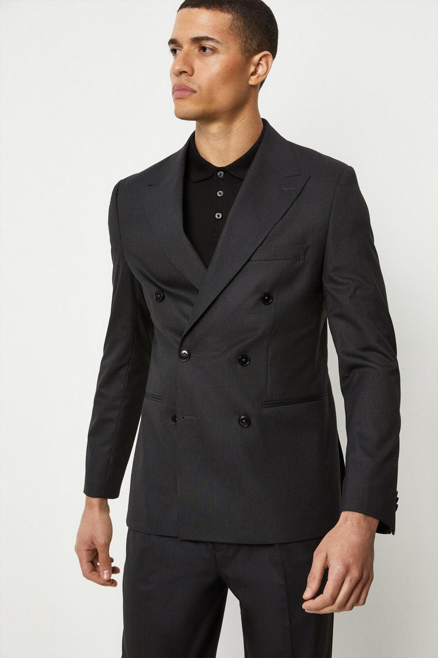 Slim Fit Charcoal Double Breasted Peak Lapel Two-Piece Suit 