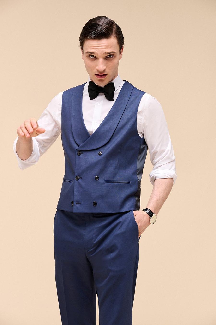 1904 Slim Fit Blue Double Breasted Suit Waistcoat