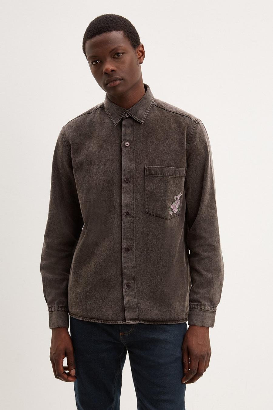 Dark Grey Laundered Overshirt With Embroidery