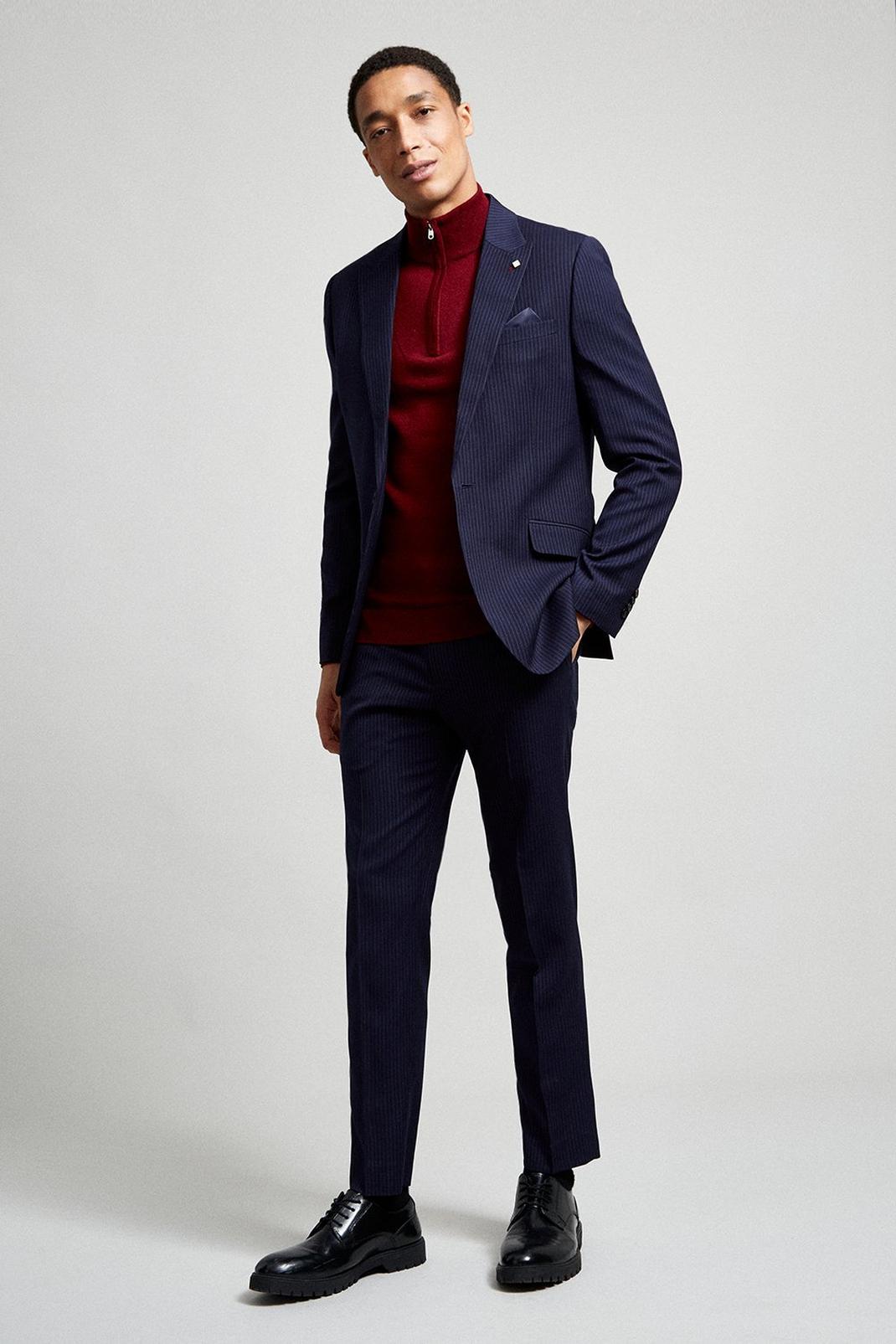 148 Skinny Navy And Red Stripe Suit Trouser image number 1