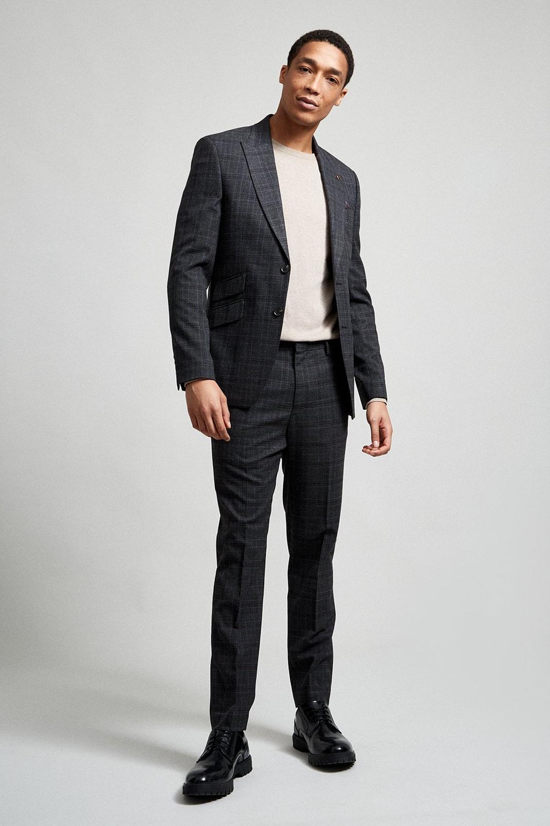 131 Skinny Grey Highlight Check Suit Blazer image number 2