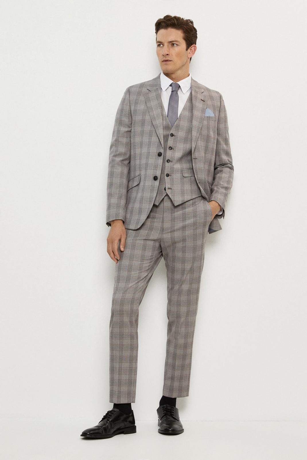 131 Skinny Grey And Burgundy Check Suit Blazer image number 1