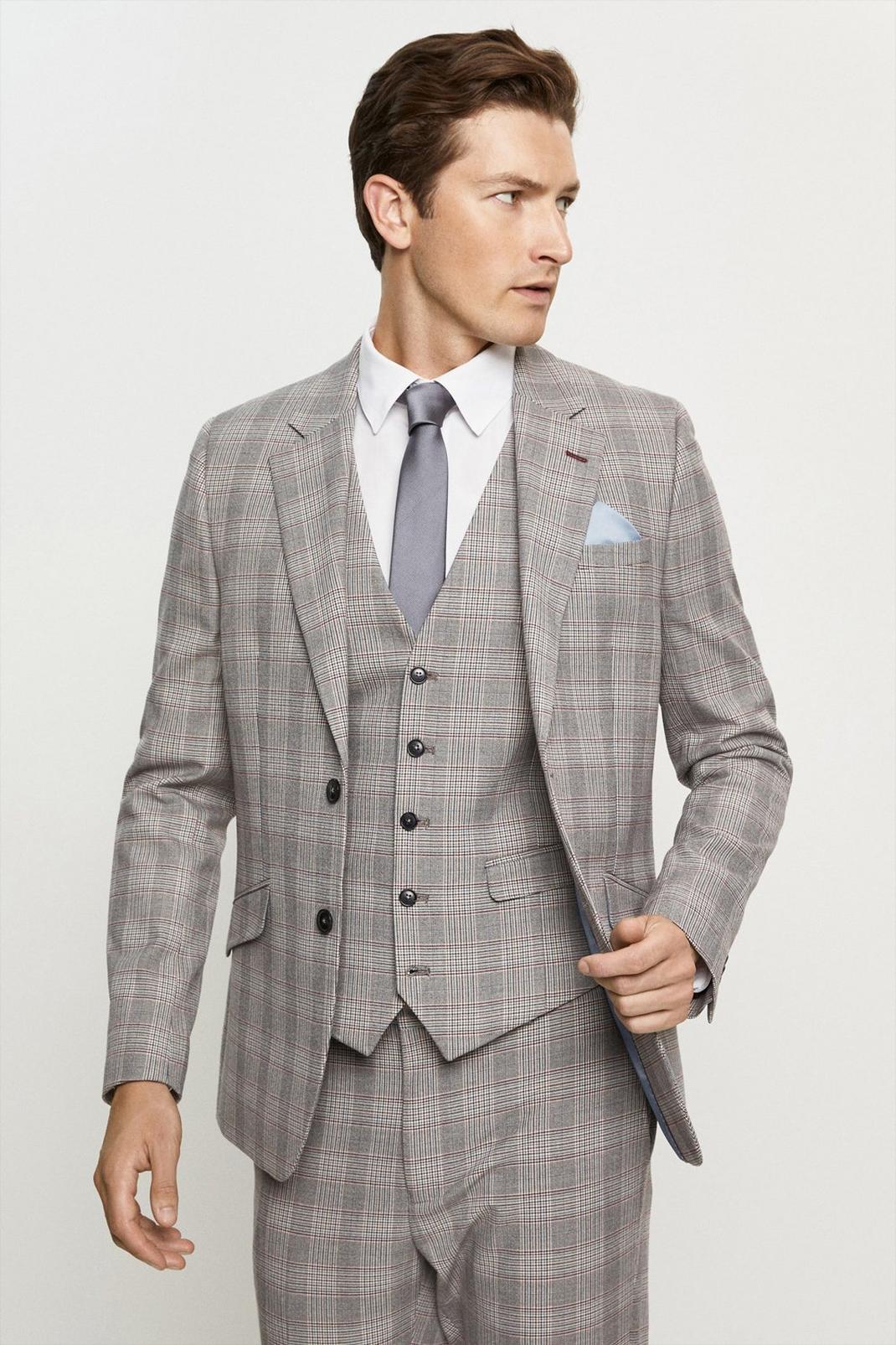 131 Skinny Grey And Burgundy Check Suit Blazer image number 2