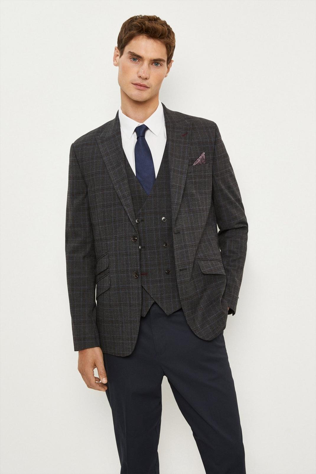 Slim Grey Highlight Check Suit Blazer image number 1
