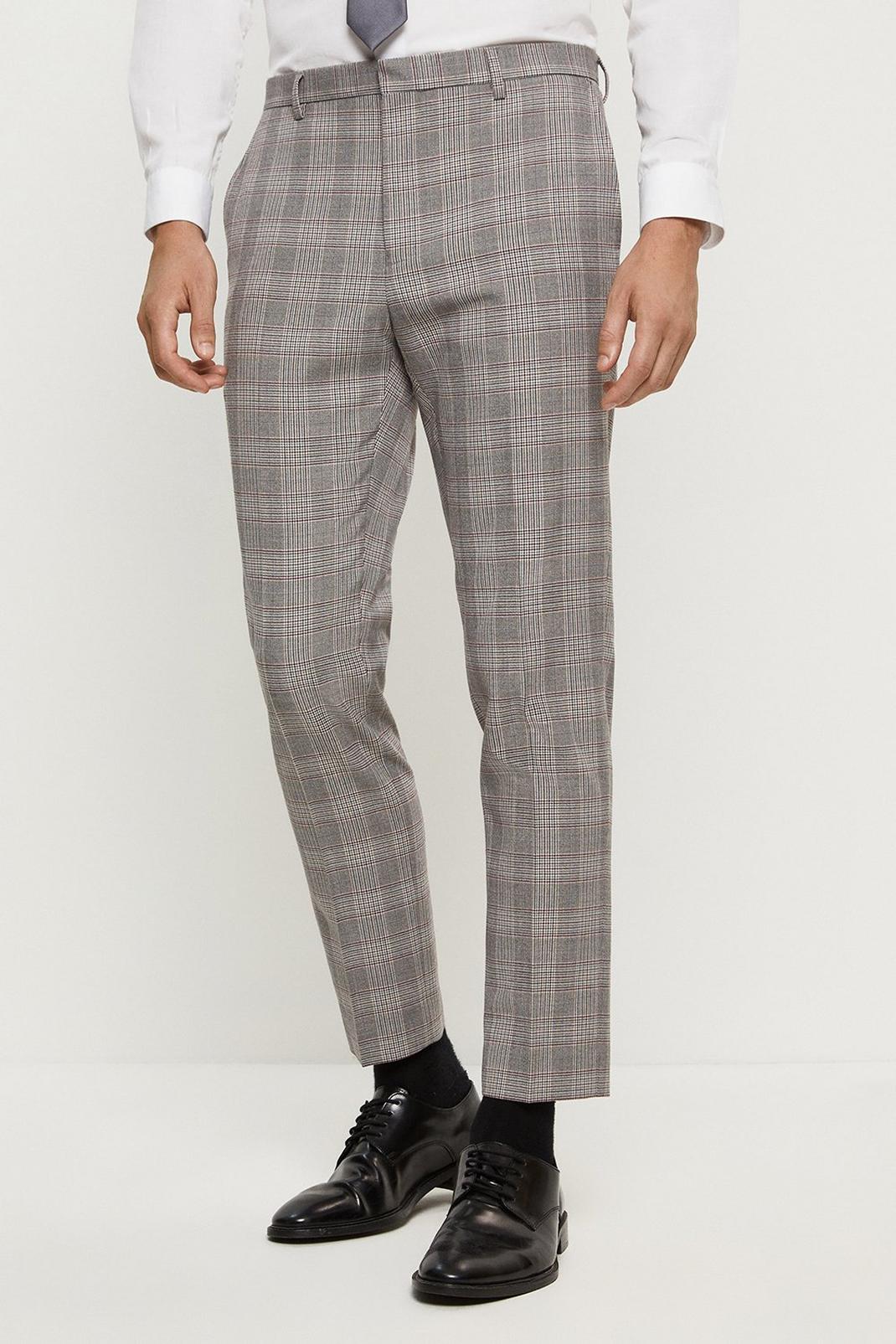131 Skinny Grey And Burgundy Check Suit Trouser image number 1
