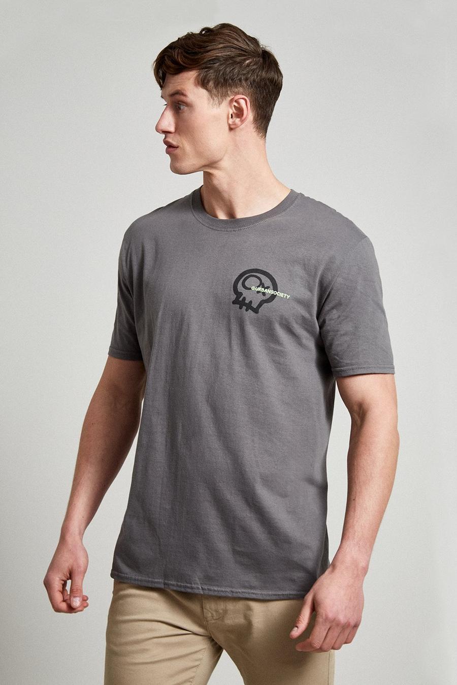 Dark Grey Skull Outline Print T-shirt