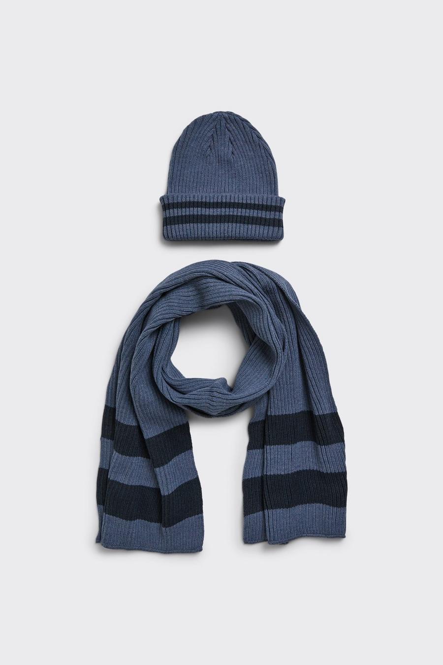 Knitted Striped Scarf And Beanie Set