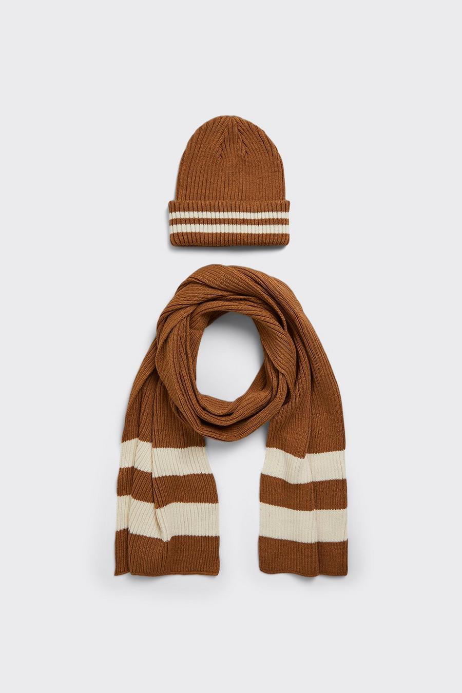 Knitted Striped Scarf And Beanie Set