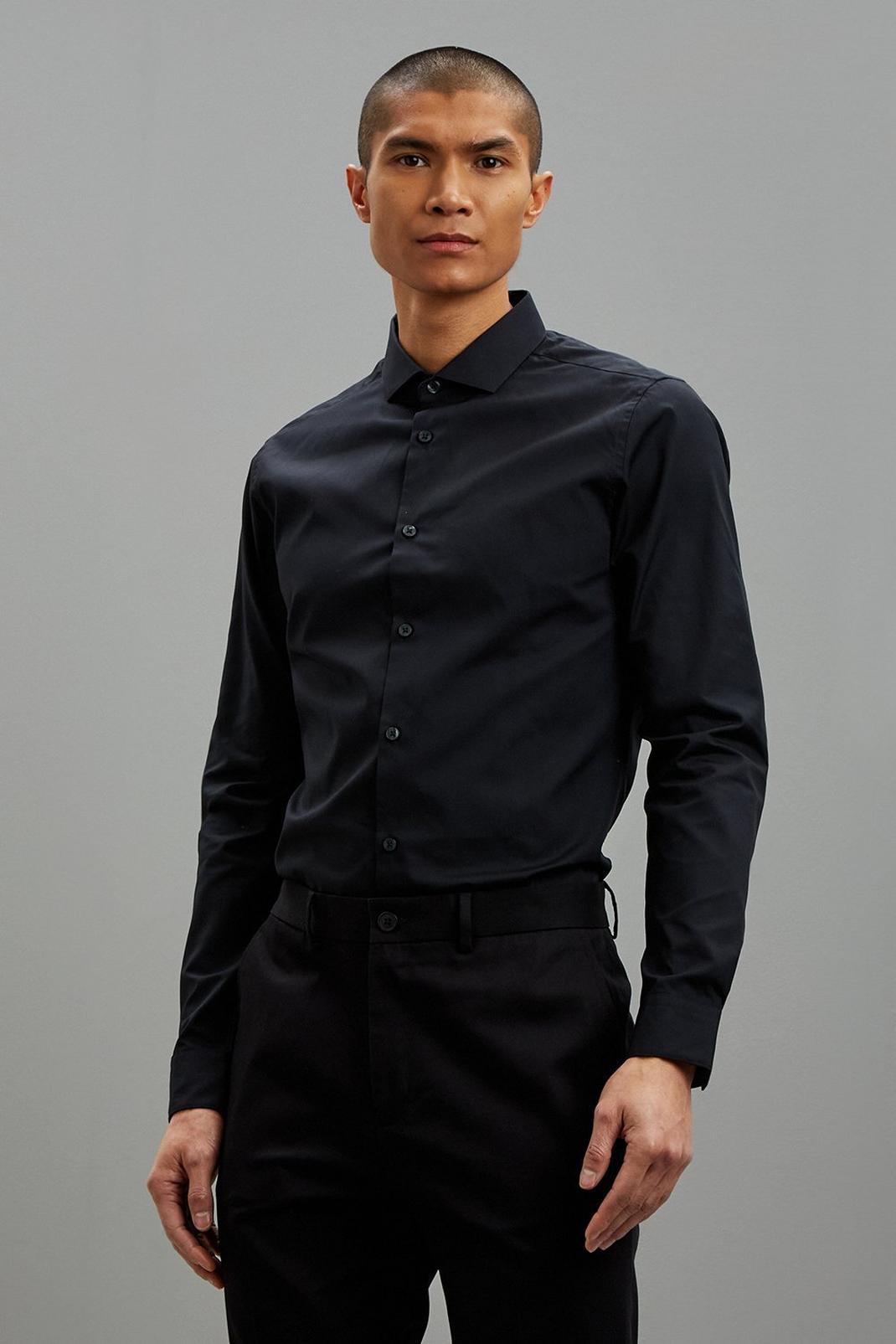 Skinny Fit Black Easy Iron Shirt image number 1