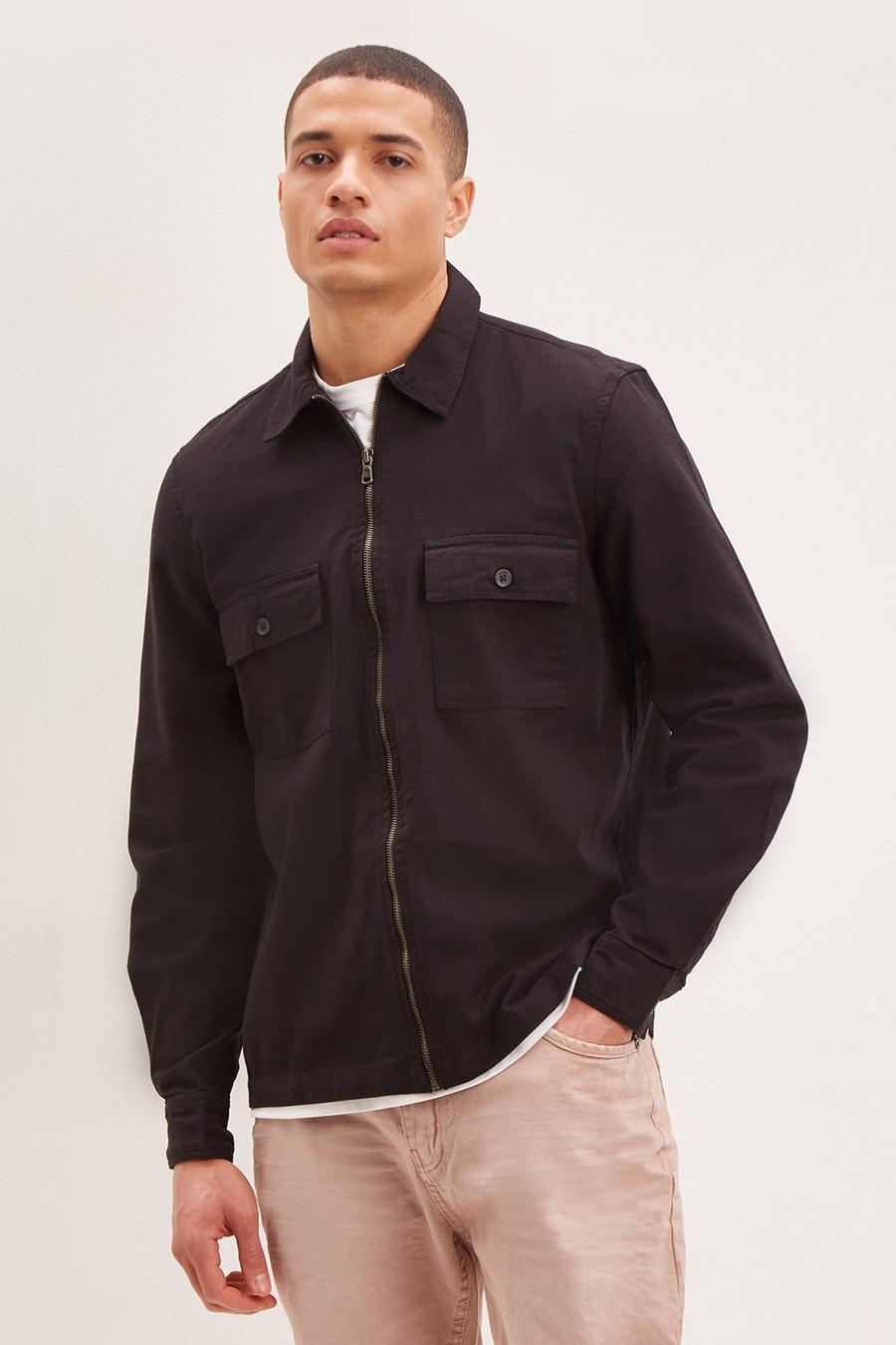 Relaxed Fit Zip Through Twill Overshirt