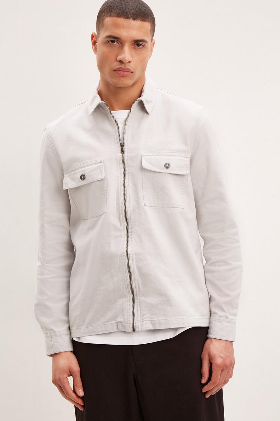 Relaxed Fit Zip Through Twill Overshirt