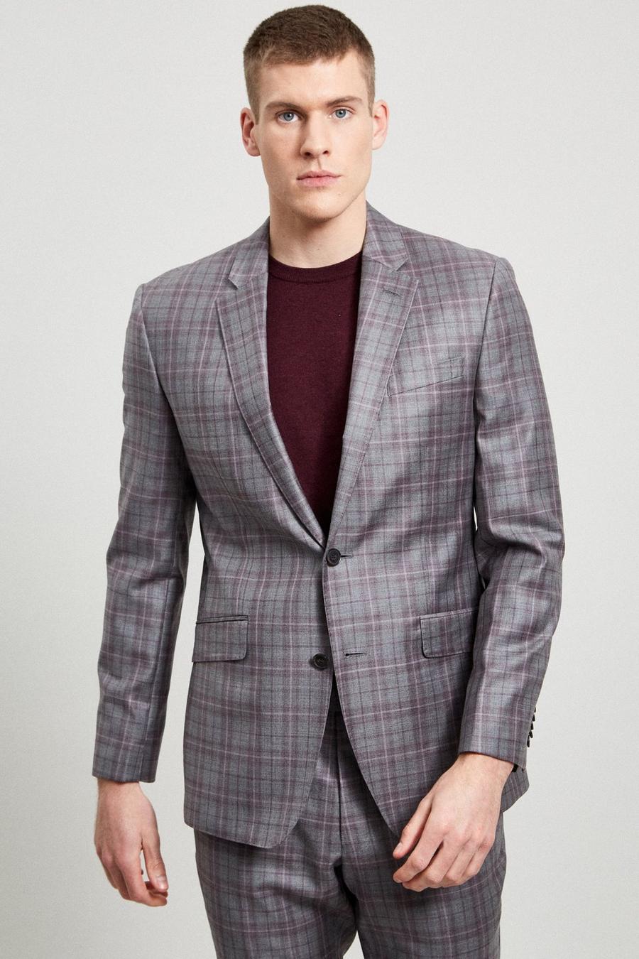 194 Slim Fit Grey Check Wool Suit Jacket
