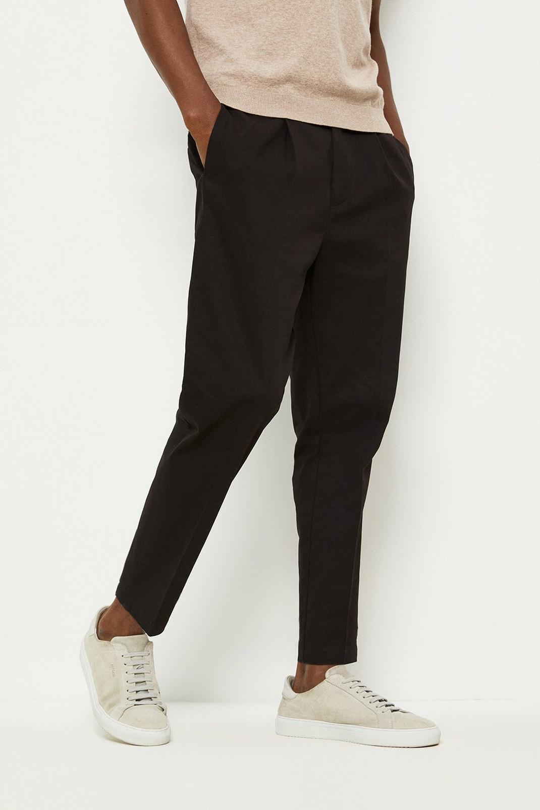 Black Slim Tapered Pleat Stretch Chino Trousers image number 1