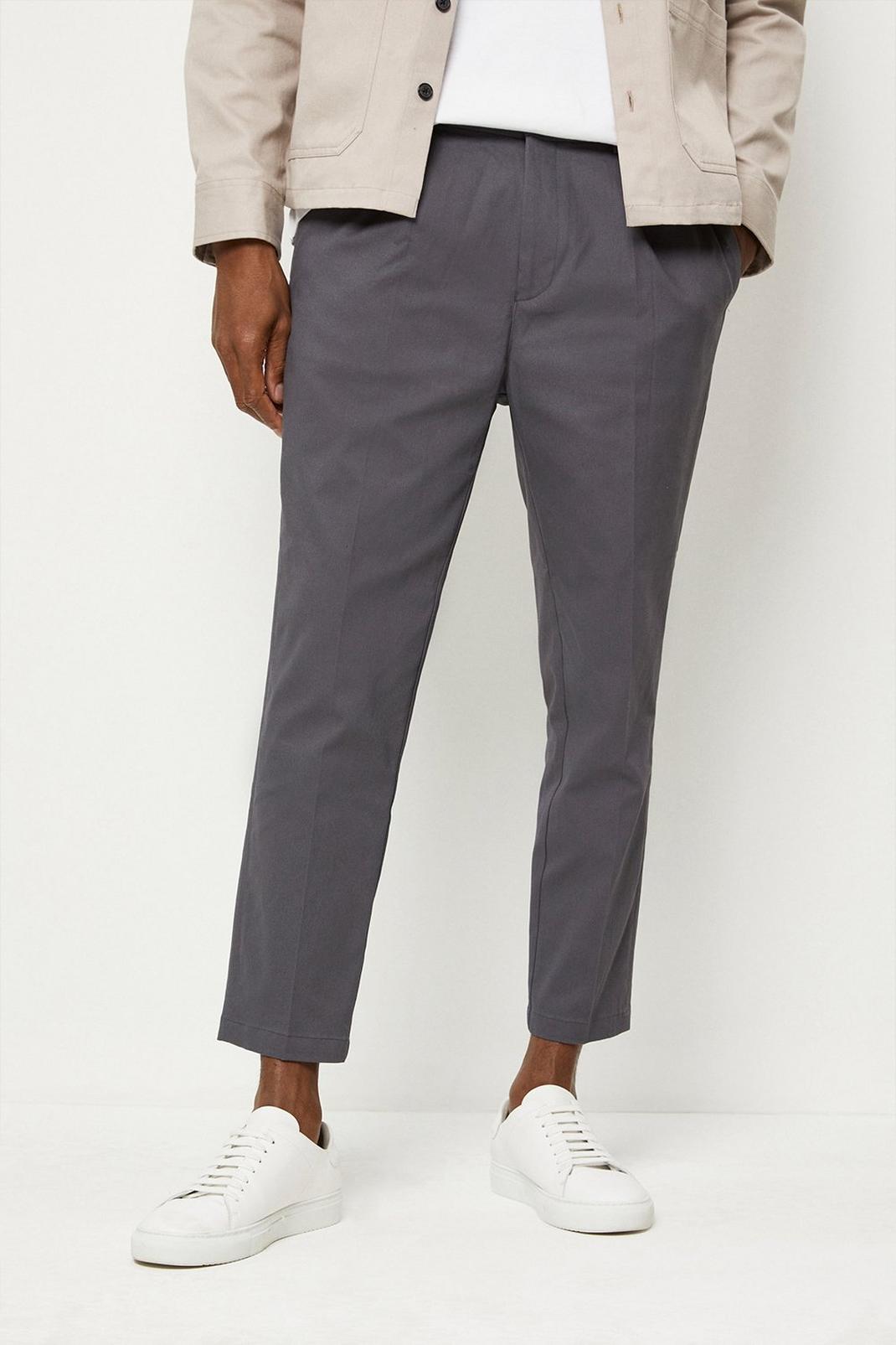 Charcoal Slim Tapered Pleat Stretch Chino Trousers image number 1