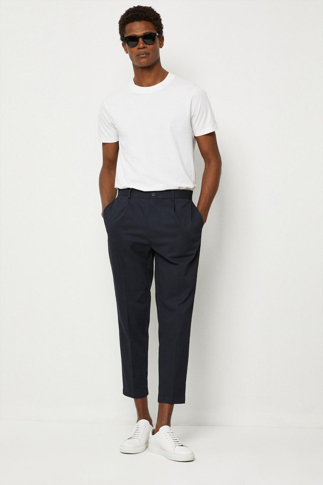 Navy Slim Tapered Pleat Stretch Chino Trousers image number 1