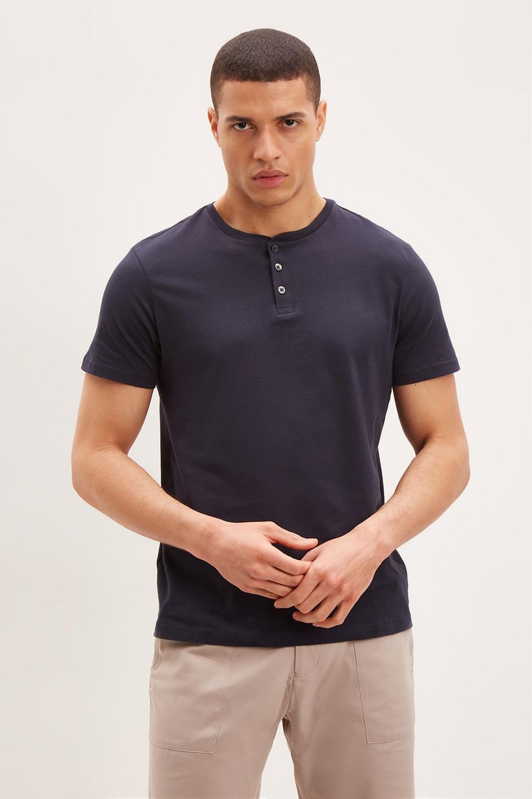 Slim Fit Navy Grandad Collar T Shirt image number 1