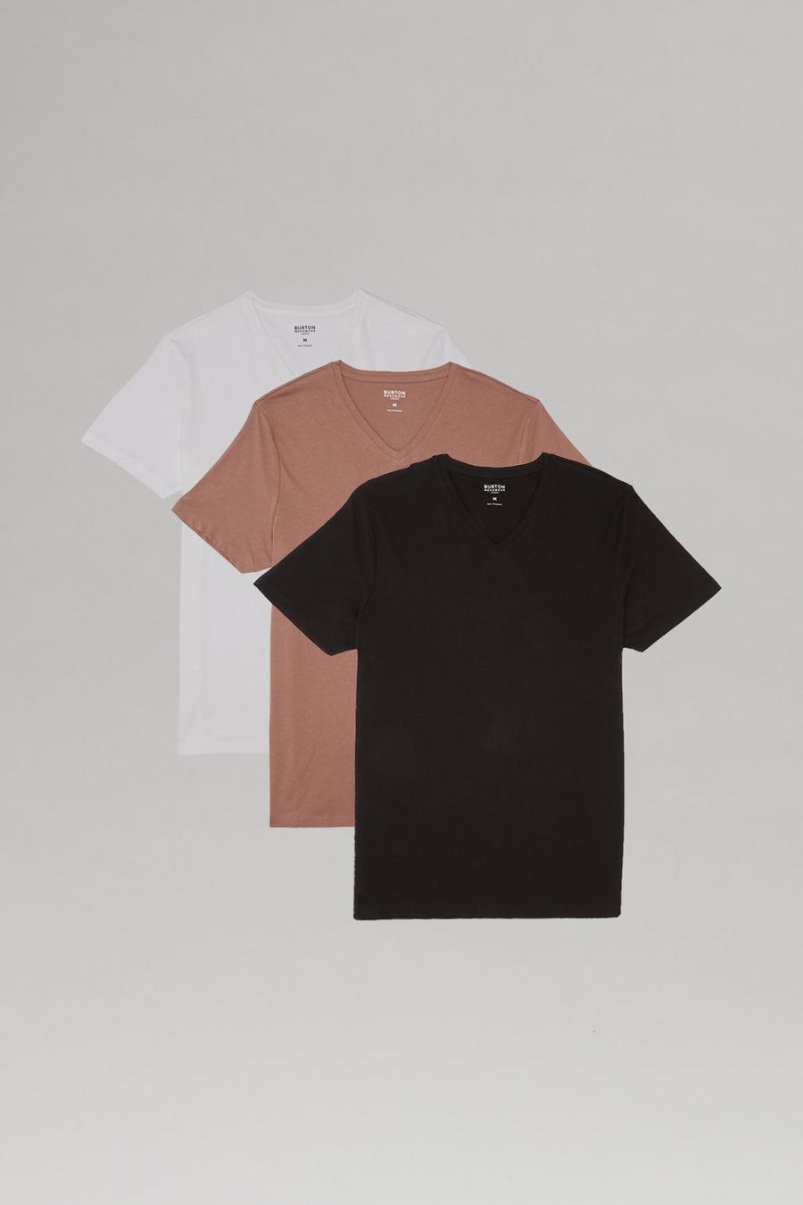 3 Pack Regular Fit White Black And Pink V Neck T-Shirt