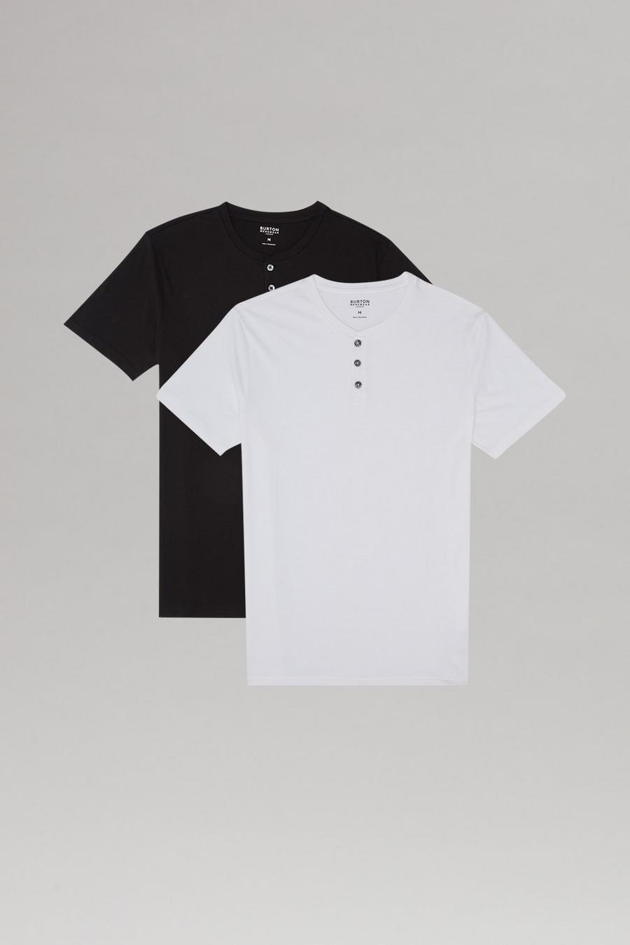 2 Pack Regular Fit Black And White Grandad T-Shirt