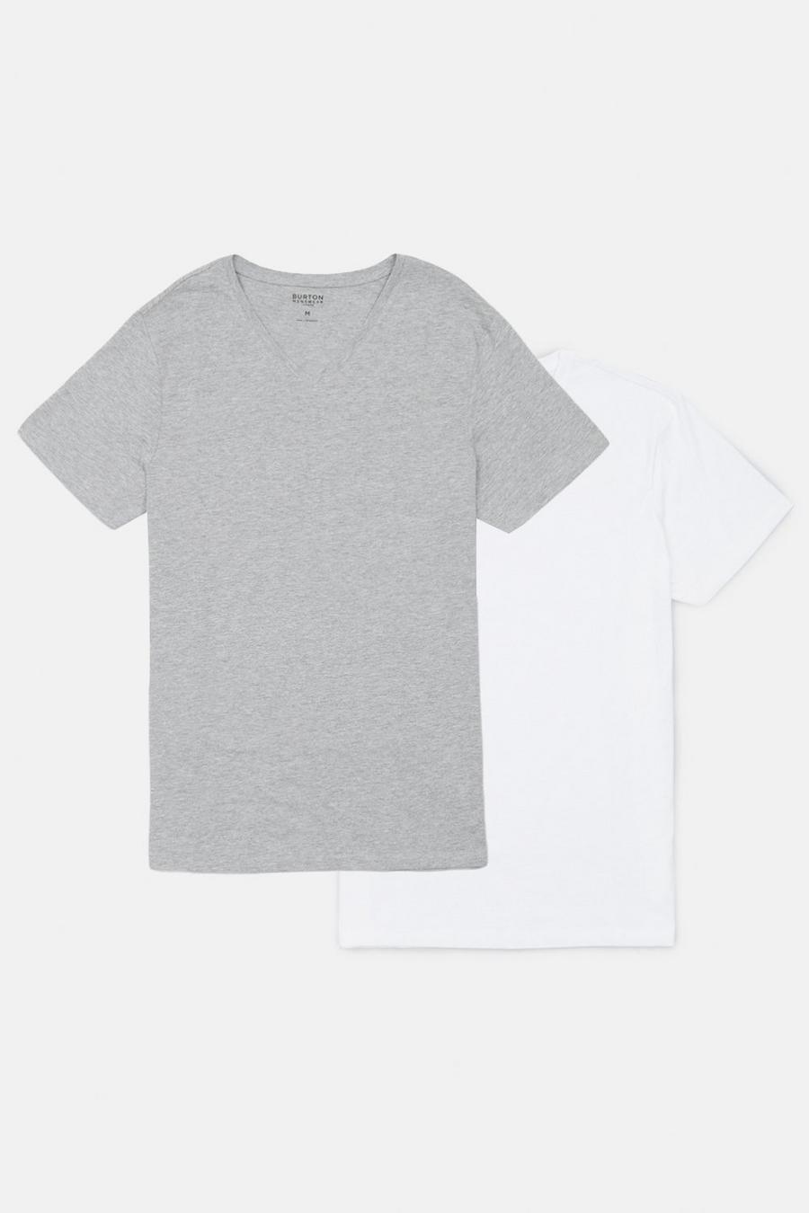 2 Pack Regular Fit White And Grey V Neck T-Shirt  