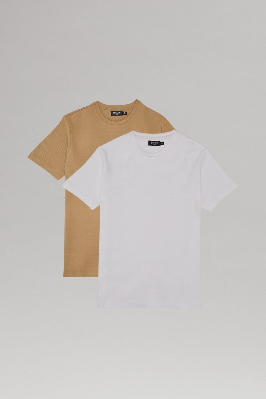 2 Pack Slim Fit White And Stone Textured T-Shirt