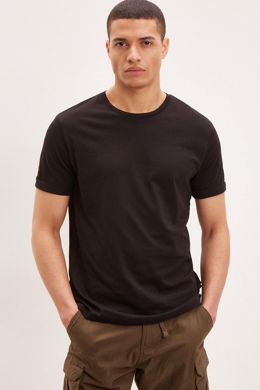 Slim Fit Black Roll Sleeve T-Shirt