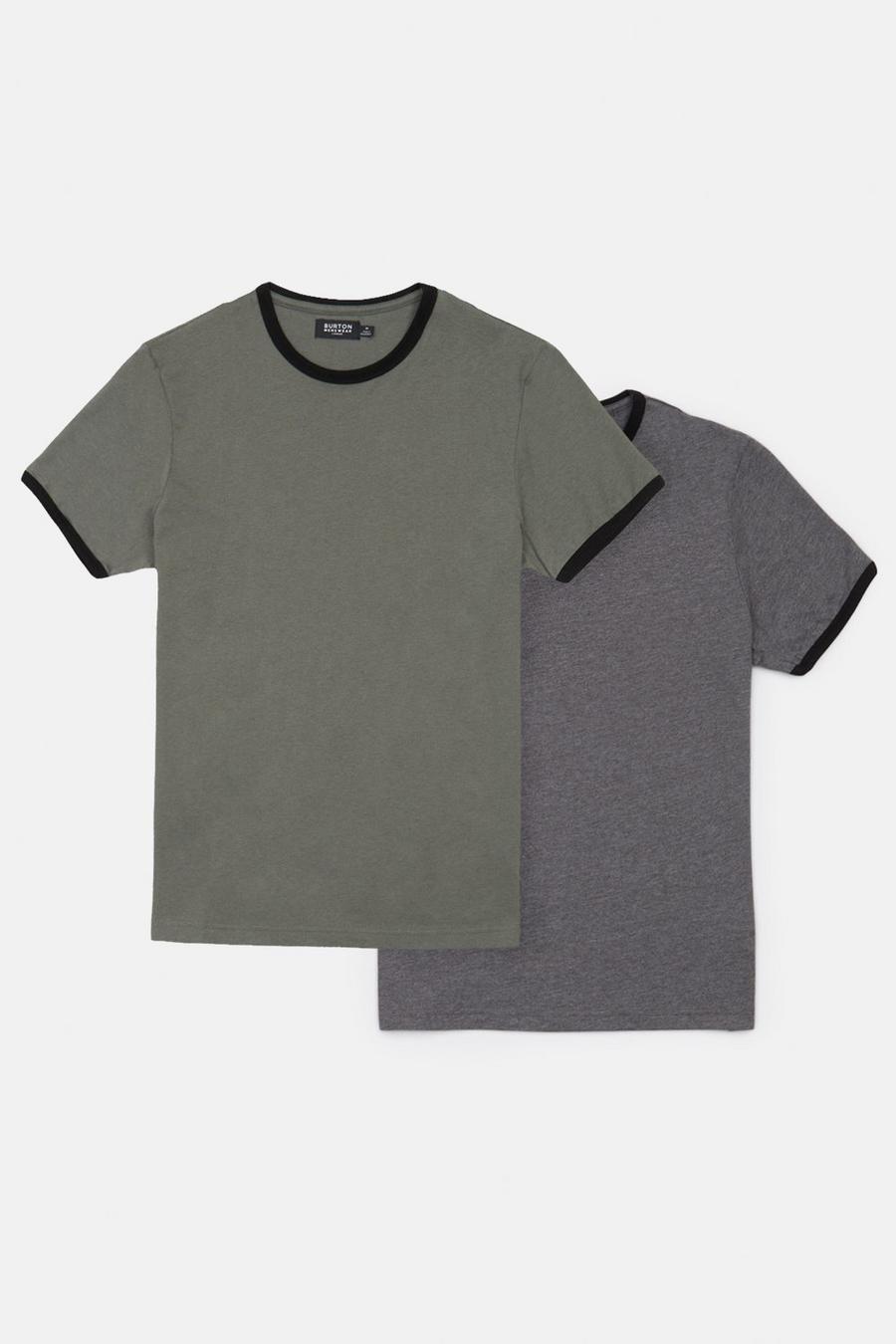 2 Pack Regular Fit Grey Black And Khaki Black  Ringer T-Shirt 