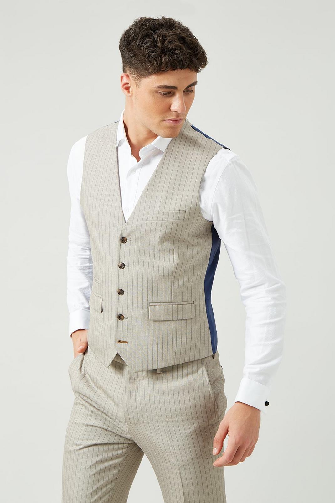 131 Slim Fit Neutral Stripe Waistcoat image number 1