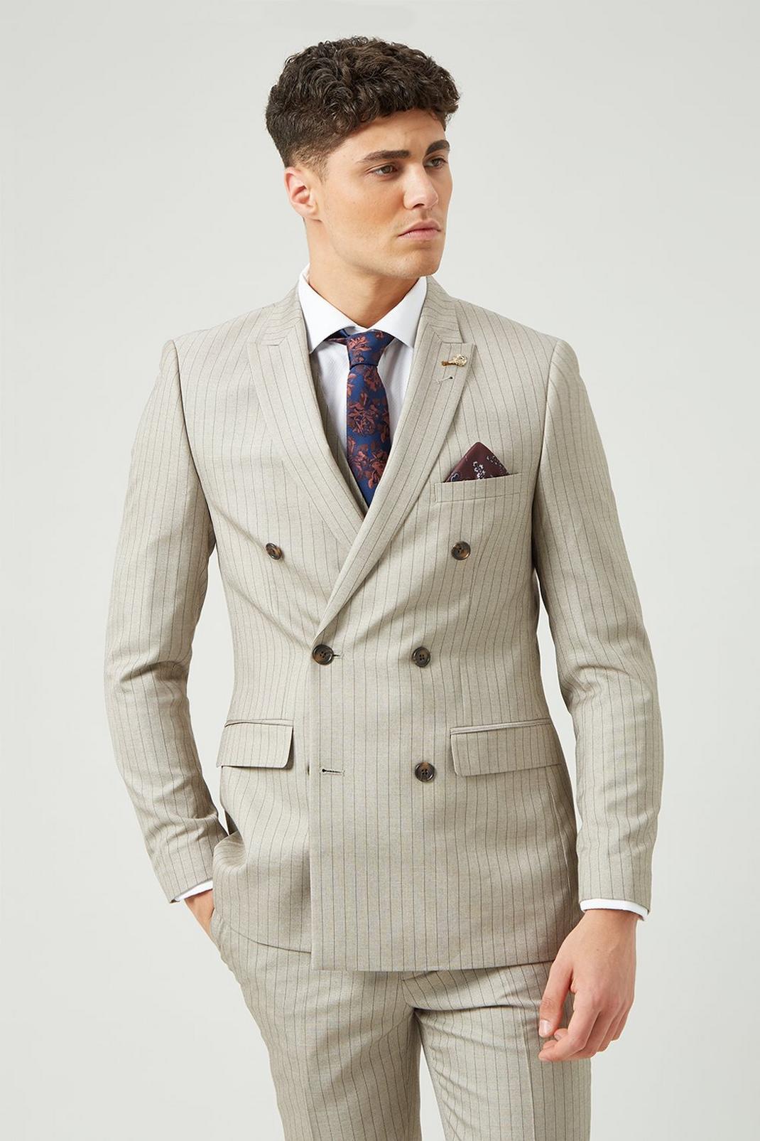Grey Slim Fit Neutral Stripe Double Breasted Jacket image number 1