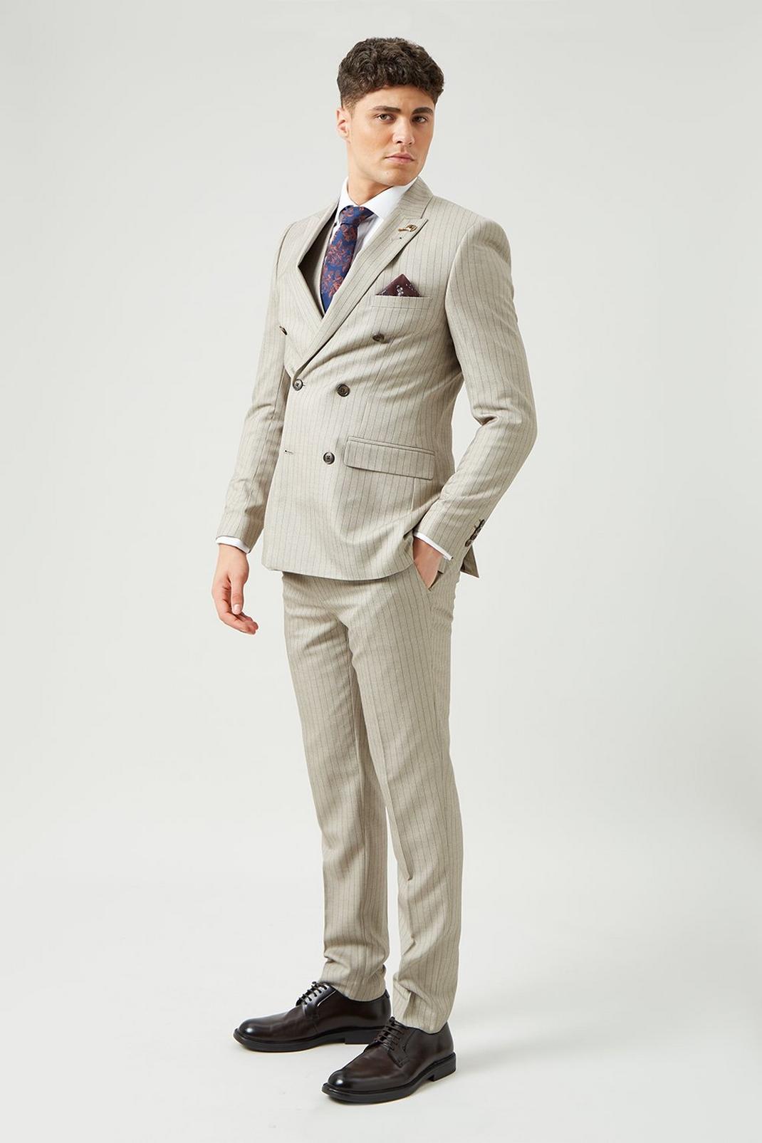 Slim Double Breasted Grey Stripe Two-Piece Suit image number 2
