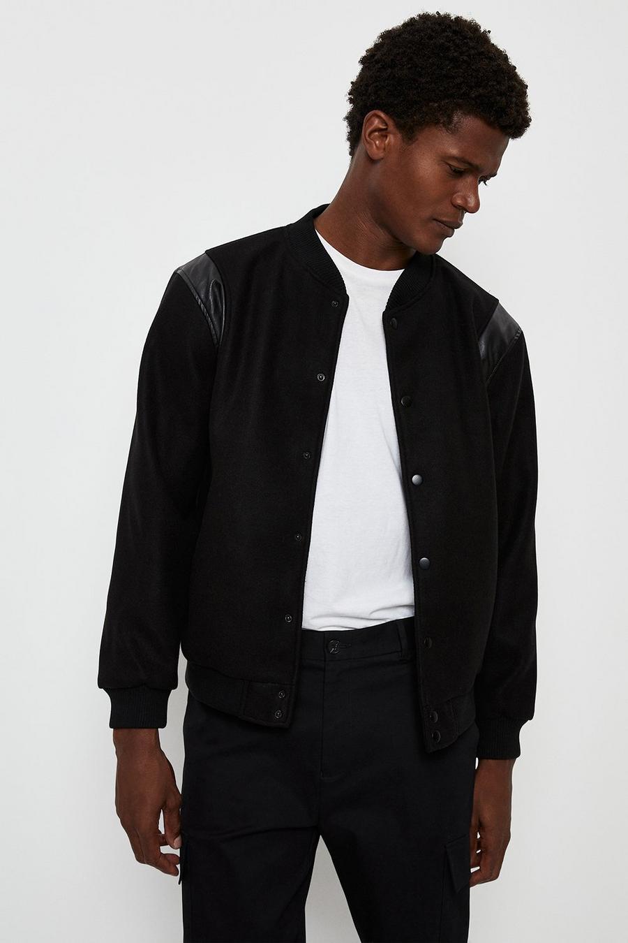 Regular Fit Black Tonal Pu Varsity Jacket