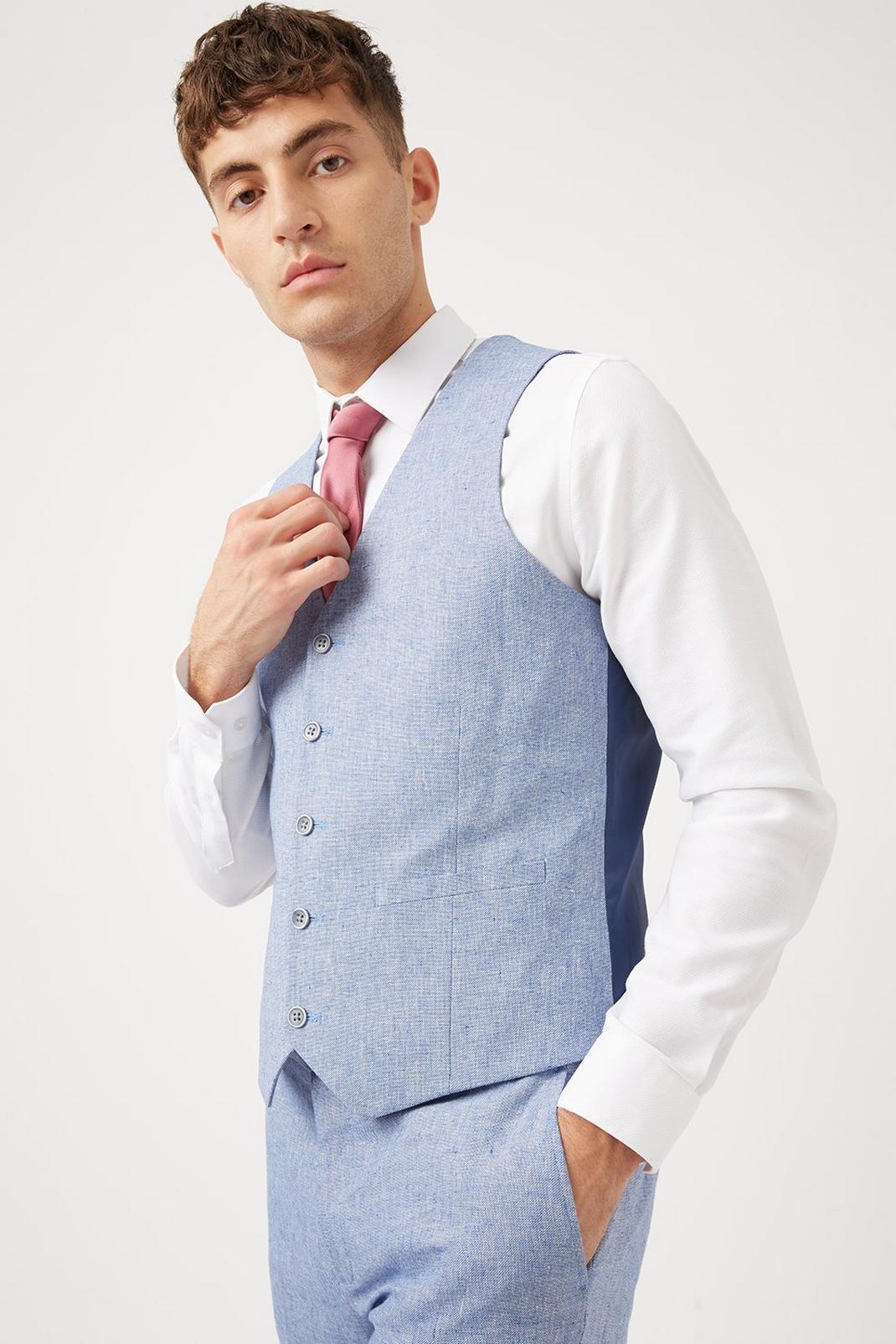 106 Slim  Blue Cotton  Linen Suit Waistcoat image number 1