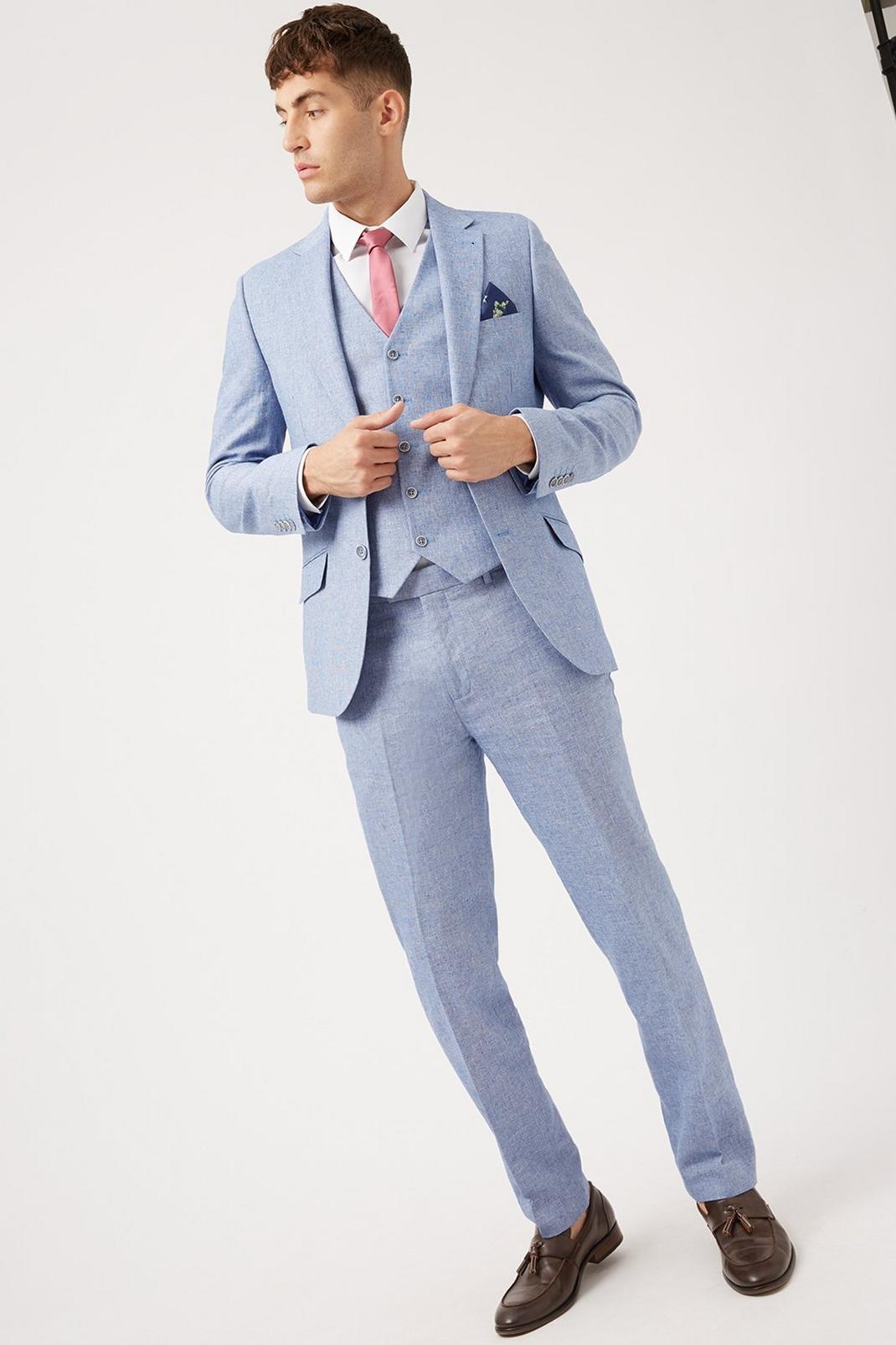 106 Slim  Blue Cotton  Linen Suit Waistcoat image number 2