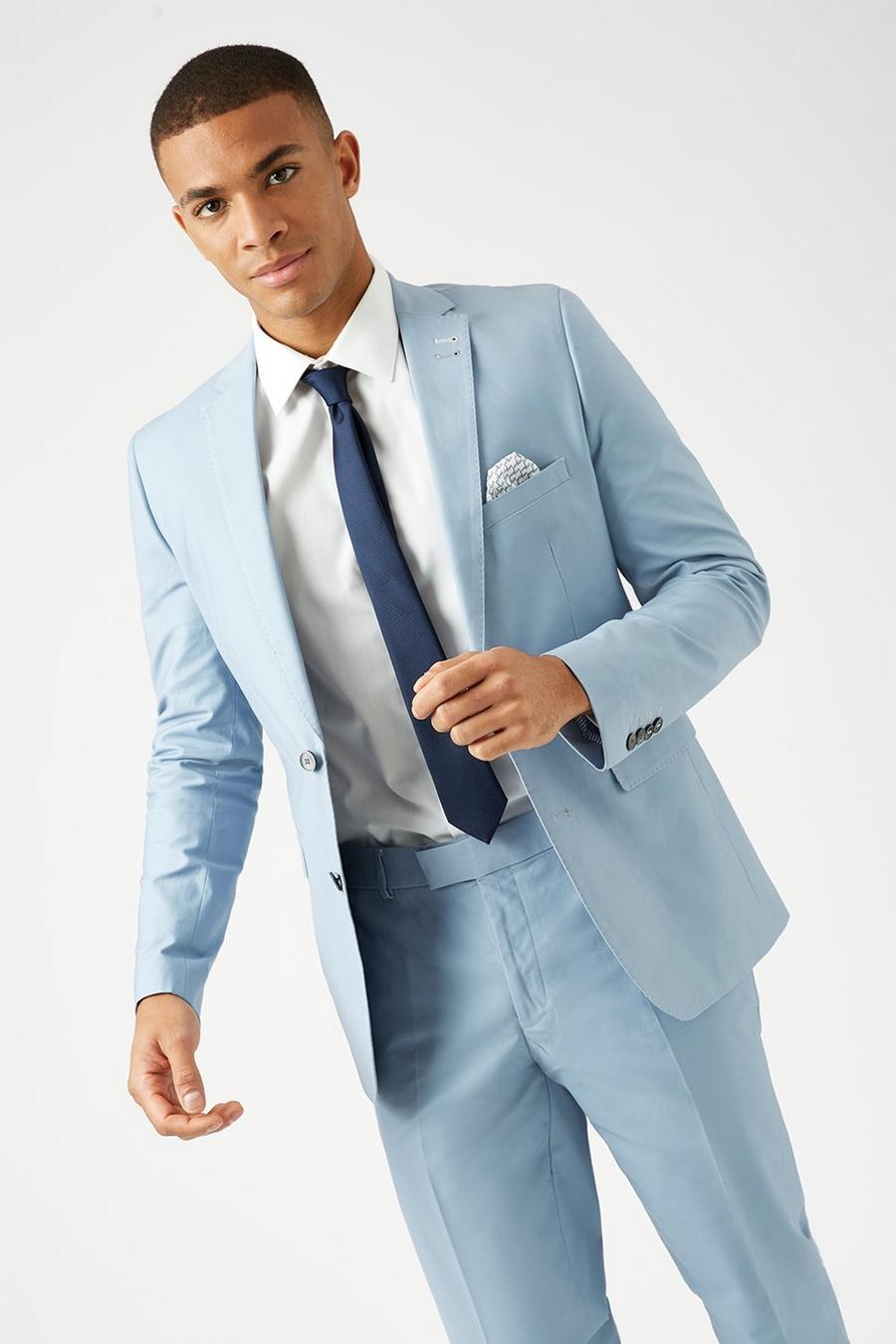 Slim  Blue Cotton Sateen Suit Jacket