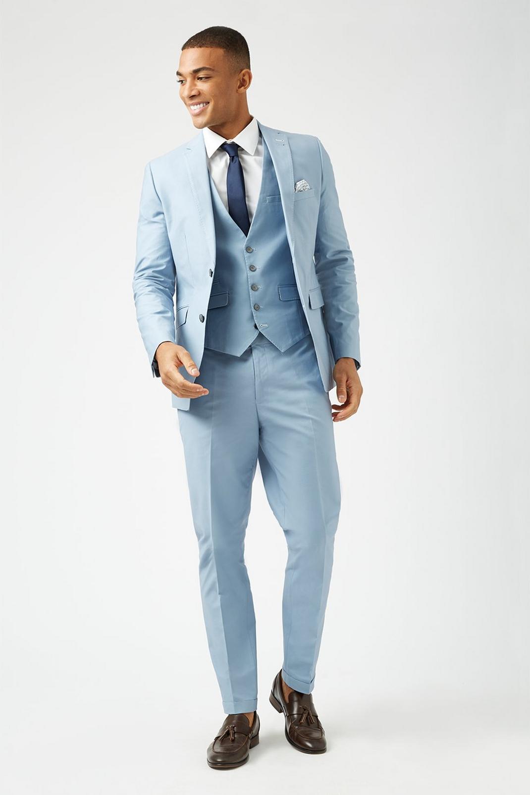Slim Blue Cotton Sateen Three-Piece Suit image number 2