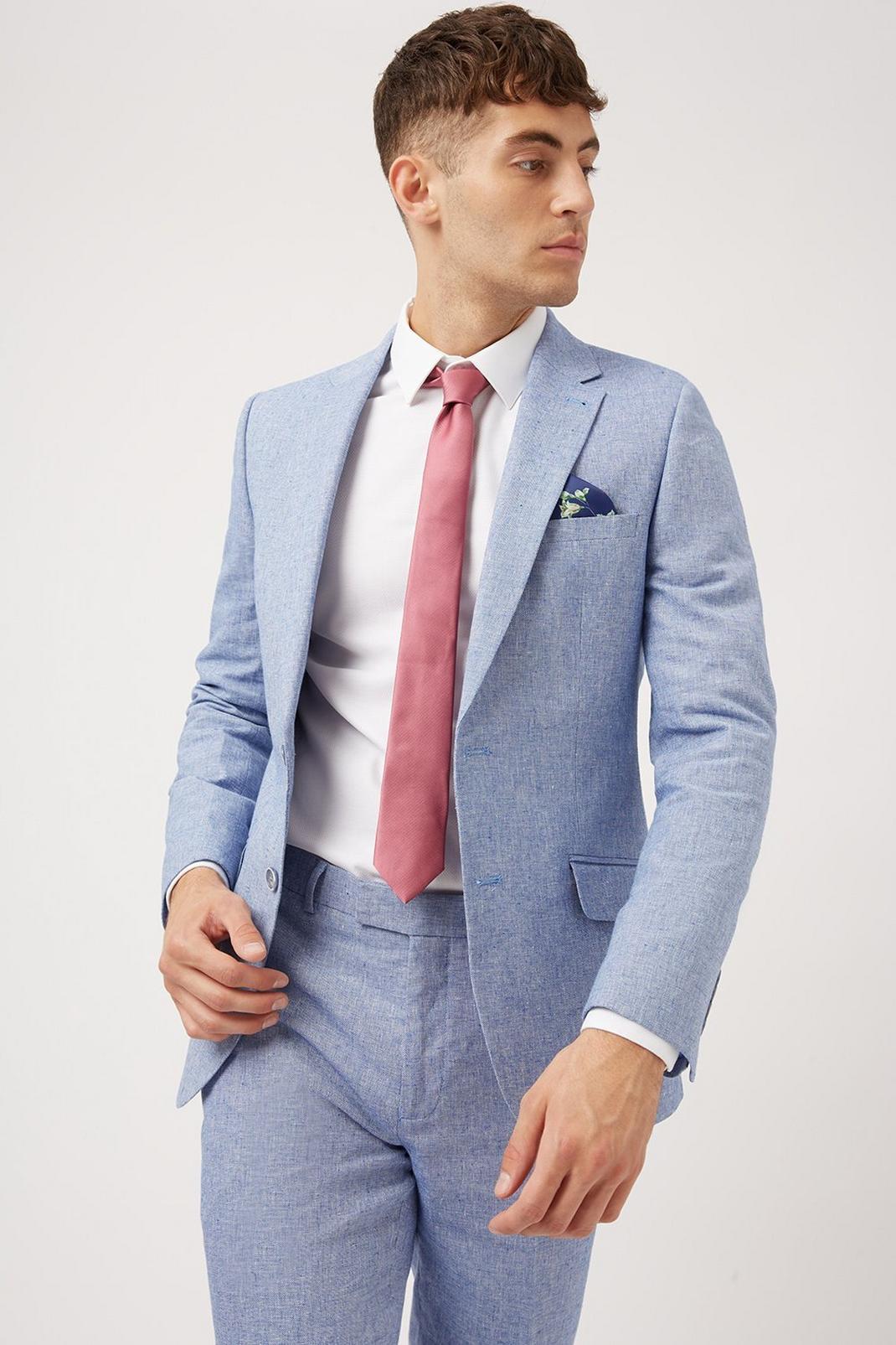 Slim Blue Cotton Linen Three-Piece Suit image number 1