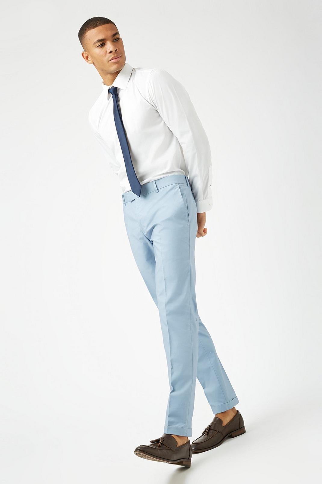 Slim Blue Cotton Sateen Suit Trouser image number 1