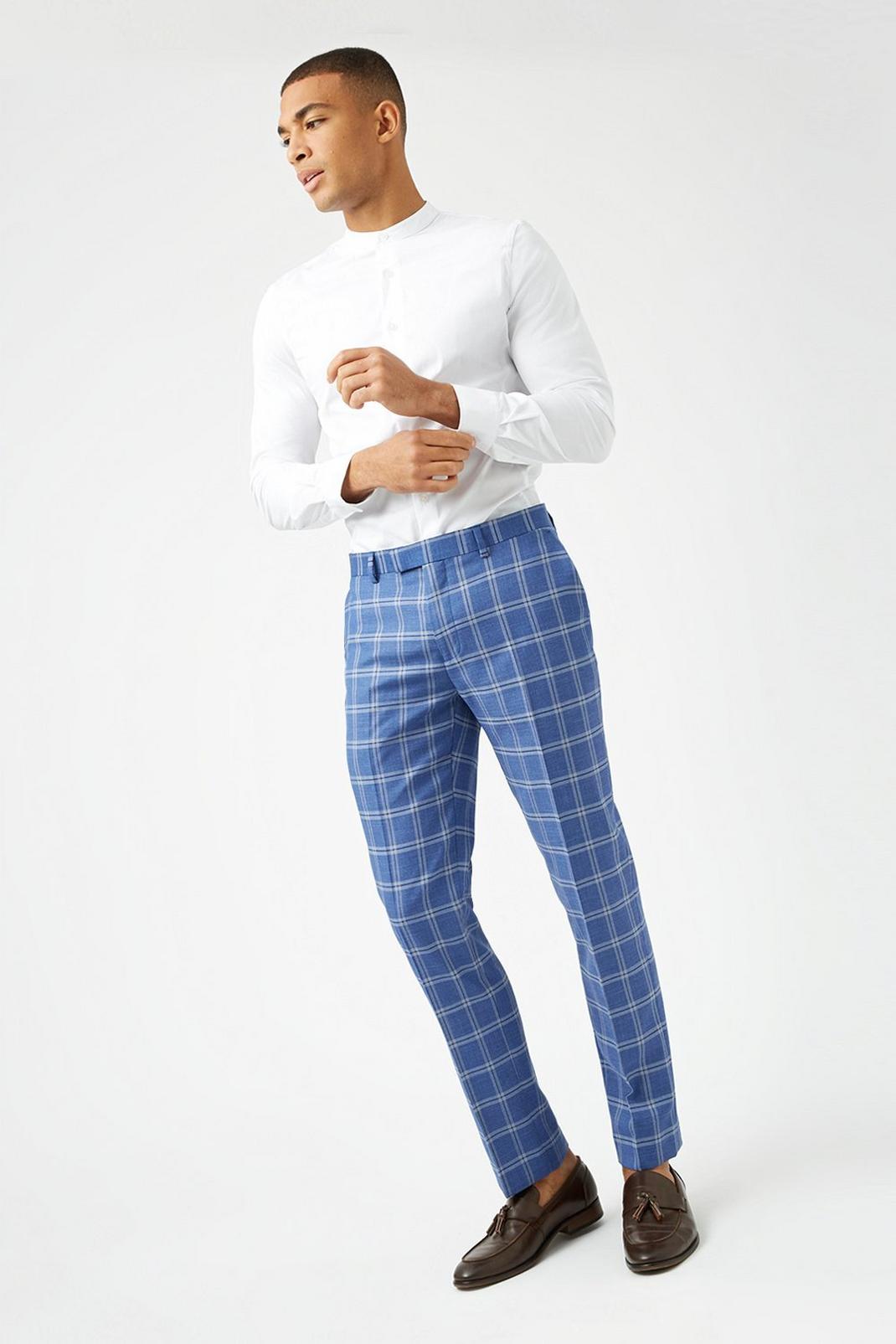 106 Slim Fit Blue Check Suit Trouser image number 1