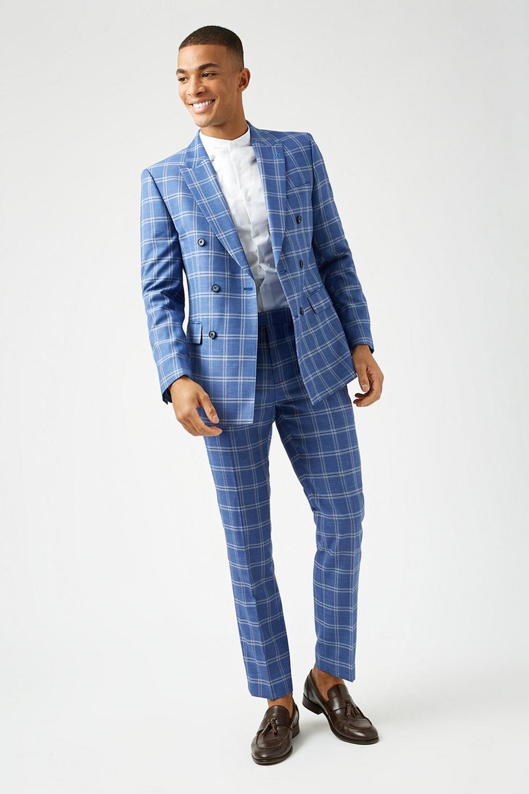106 Slim Fit Blue Check Suit Trouser image number 2