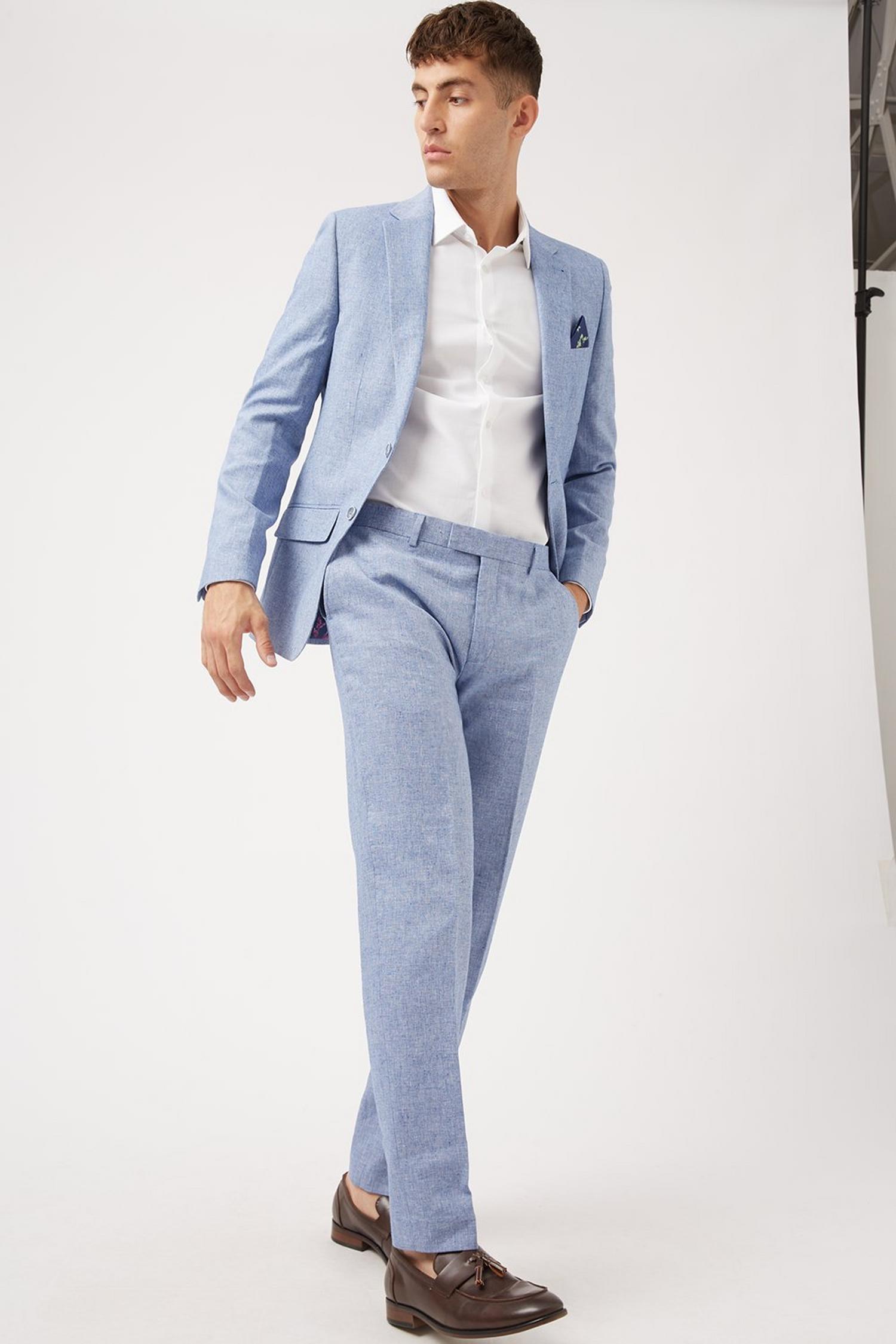 Slim Blue Cotton Linen Suit Trouser | Burton UK