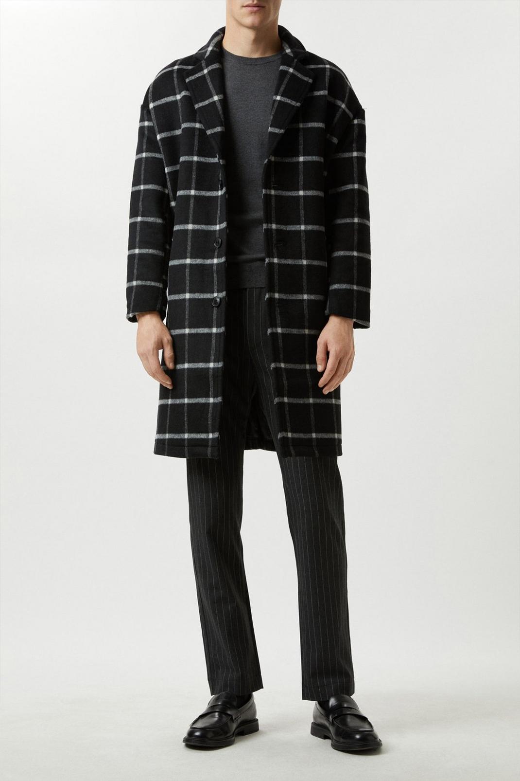 Navy Relaxed Fit Wool Checked Overcoat image number 1