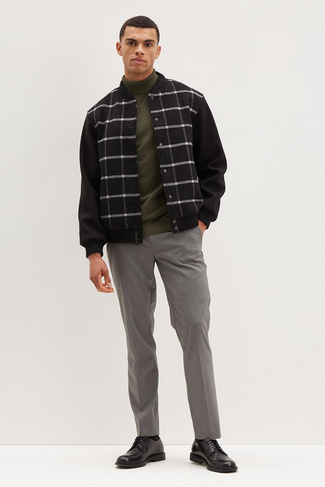 148 Wool Navy Grey Check Oversized Bomber image number 2