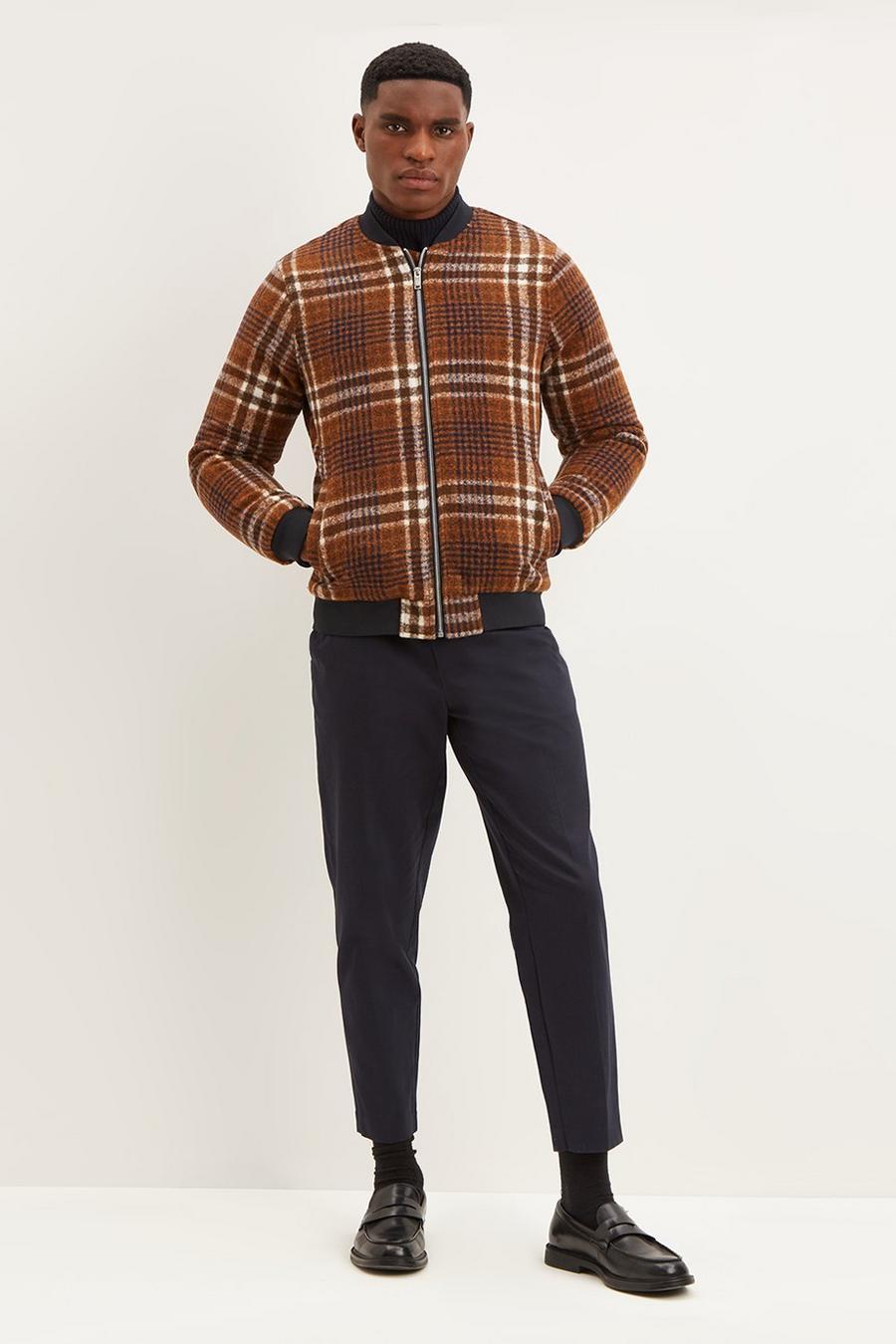 Faux Wool Navy Brown Check Oversized Bomber