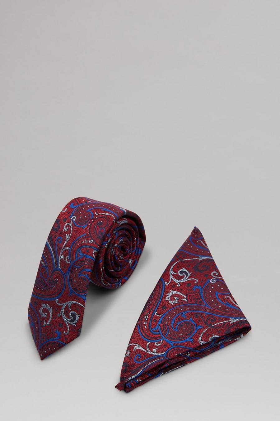 Burgundy And Blue Paisley Tie And Pocket Square Set